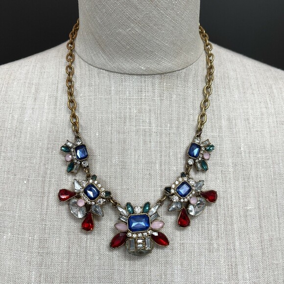 Loft Red Pink Clear Blue Rhinestones Gold-tone Chain Women's Fashion Necklace - Picture 1 of 5
